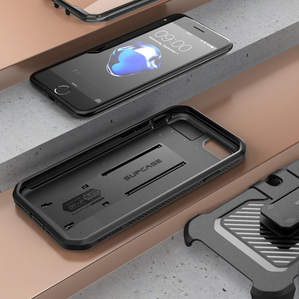 Etui pancerne z osłoną na ekran, z wbudowaną podstawką i kaburą z klipsem obrotowym Supcase Unicorn Beetle Pro do iPhone SE 2022 / 2020, 8 / 7
